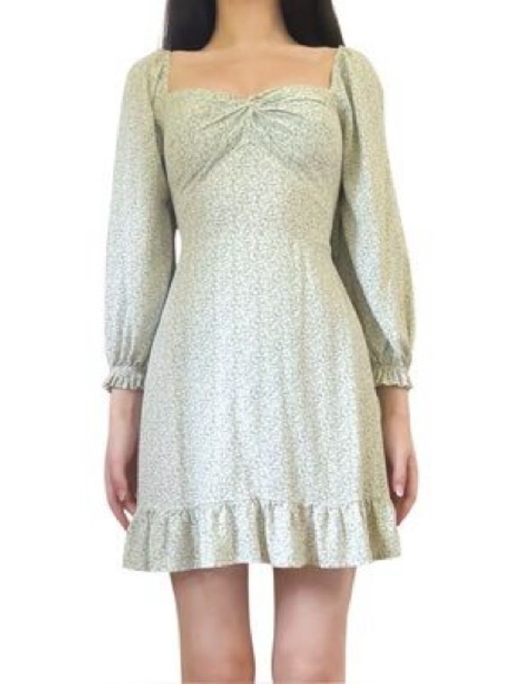 Hollister Sage Green Floral Square-Neck Mini Dress Sz L